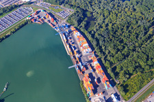 Aerial view of Container loading by CONTARGO at the state port of Wörth in the district Maximiliansau in Wörth am Rhein in the state Rhineland-Palatinate, Germany