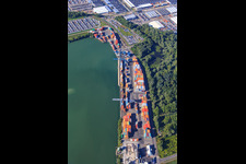 Aerial photograpy of Container loading by CONTARGO at the state port of Wörth in the district Maximiliansau in Wörth am Rhein in the state Rhineland-Palatinate, Germany