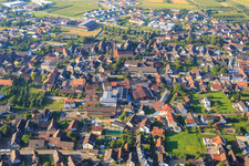 Aerial view of Friedrichstraße with Riedbrennerei in the district Altenheim in Neuried in the state Baden-Wuerttemberg, Germany