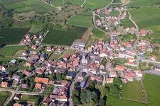 Aerial view of Village - view on the edge of agricultural fields and farmland in Rorschwihr in Grand Est, France