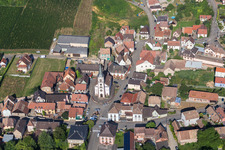 Aerial photograpy of Village - view on the edge of agricultural fields and farmland in Rorschwihr in Grand Est, France