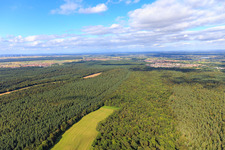 Aerial view of Otterbach clearing in the Bienwald towards Jockgrim in Kandel in the state Rhineland-Palatinate, Germany