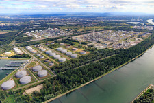 Aerial view of MiRO refinery from the northwest on the banks of the Rhine in the district Knielingen in Karlsruhe in the state Baden-Wuerttemberg, Germany