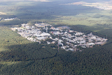 Aerial view of Research building and office complex of KIT Campus North (former Kernforschungszentrum Karlsruhe) in the district Leopoldshafen in Eggenstein-Leopoldshafen in the state Baden-Wurttemberg