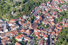 Aerial view of Buildings of the evangelic church and of the catholic church St. Michael Weingarten, in Weingarten in the state Baden-Wurttemberg, Germany