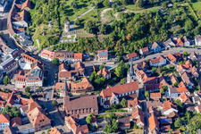 Aerial photograpy of Buildings of the evangelic church and of the catholic church St. Michael Weingarten, in Weingarten in the state Baden-Wurttemberg, Germany