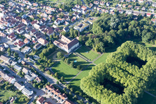 Aerial view of Castle Park and Freidental Castle in Freudental in the state Baden-Wuerttemberg, Germany
