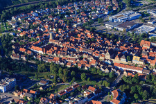 Historic old town above the Enz with Waldhorn Tower, city wall and registry office in Besigheim in the state Baden-Wuerttemberg, Germany