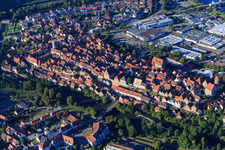 Aerial view of Historic old town above the Enz with Waldhorn Tower, city wall and registry office in Besigheim in the state Baden-Wuerttemberg, Germany