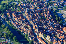 Oblique view of Historic old town above the Enz with Waldhorn Tower, city wall and registry office in Besigheim in the state Baden-Wuerttemberg, Germany