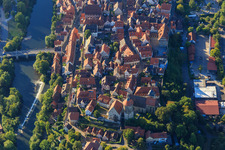 Historic old town with castle courtyard, tower, town church and school at the Steinhaus, SBBZ Learning in Besigheim in the state Baden-Wuerttemberg, Germany
