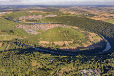 Aerial view of Village on the river bank areas of the river Neckar in Hessigheim in the state Baden-Wurttemberg, Germany