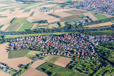 Aerial view of Village on the river bank areas of the river Neckar in the district Kleiningersheim in Ingersheim in the state Baden-Wurttemberg, Germany