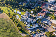 Aerial view of Parabolic satellite dishes Firma Signalhorn in Waldrems in the state Baden-Wurttemberg, Germany