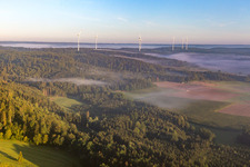Aerial view of Kohlenstr wind farm in the district Rappoltshofen in Obersontheim in the state Baden-Wuerttemberg, Germany