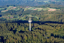 Aerial view of Telecommunication tower in the forest in the district Grab in Großerlach in the state Baden-Wuerttemberg, Germany