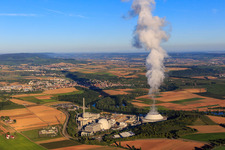 Nuclear power plant Neckarwestheim of EnBW Kernkraft GmbH from the east in Neckarwestheim in the state Baden-Wuerttemberg, Germany