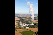 Aerial view of Building remains of the reactor units and facilities of the NPP nuclear power plant GKN Neckarwestheim in Neckarwestheim in the state Baden-Wurttemberg, Germany
