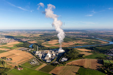 Aerial photograpy of Building remains of the reactor units and facilities of the NPP nuclear power plant GKN Neckarwestheim in Neckarwestheim in the state Baden-Wurttemberg, Germany