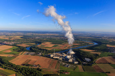 Aerial view of Nuclear power plant Neckarwestheim of EnBW Kernkraft GmbH from the east in Neckarwestheim in the state Baden-Wuerttemberg, Germany
