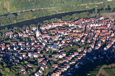 Aerial view of Town on the banks of the river of the river Neckar in Gemmrigheim in the state Baden-Wurttemberg, Germany