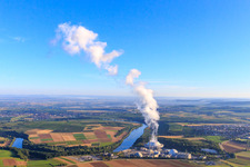 Oblique view of Nuclear power plant Neckarwestheim of EnBW Kernkraft GmbH from the east in Neckarwestheim in the state Baden-Wuerttemberg, Germany