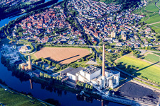 Village and Power plant Walheim (EnBW) on the river bank areas of Neckar in Walheim in the state Baden-Wurttemberg, Germany