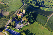 Ravensburg Castle (Sulzfeld) in the morning on a hill with vineyards in Sulzfeld in the state Baden-Wuerttemberg, Germany out of the air