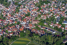 Aerial view of Town View of the streets and houses of the residential areas in the district Obergrombach in Bruchsal in the state Baden-Wurttemberg, Germany