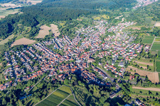 Aerial photograpy of Town View of the streets and houses of the residential areas in the district Obergrombach in Bruchsal in the state Baden-Wurttemberg, Germany