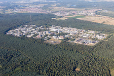 Aerial view of Campus building of the university KIT - Campus Nord (former Nuclear research centre Karlsruhe) in the district Leopoldshafen in Eggenstein-Leopoldshafen in the state Baden-Wurttemberg, Germany
