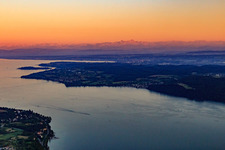 Evening Alpine panorama in the southeast of Lake Constance in the district Allmannsdorf in Konstanz in the state Baden-Wuerttemberg, Germany