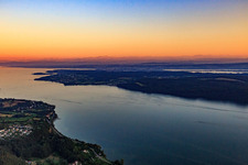 Aerial view of Evening Alpine panorama in the southeast of Lake Constance in the district Allmannsdorf in Konstanz in the state Baden-Wuerttemberg, Germany