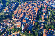 Aerial view of Historic old town with market square, Lange Straße and parish church of St. George in Riedlingen in the state Baden-Wuerttemberg, Germany