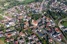 Aerial view of Village on the river bank areas of the river Danube in Sigmaringendorf in the state Baden-Wurttemberg, Germany