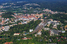 Prinzengarten and train station in front of the Hohenzollern Castle Sigmaringen in Sigmaringen in the state Baden-Wuerttemberg, Germany