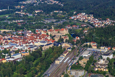 Train station in front of the Hohenzollern Castle Sigmaringen in Sigmaringen in the state Baden-Wuerttemberg, Germany