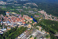 Aerial view of Train station in front of the Hohenzollern Castle Sigmaringen in Sigmaringen in the state Baden-Wuerttemberg, Germany