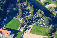 Motorhome parking and campsite Sigmaringen on the banks of the Danube near the suspension bridge over the Danube in Sigmaringen in the state Baden-Wuerttemberg, Germany