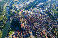 Historic old town with Antonstraße Fürst-Wilhelm-Straße, Hohenzollern Castle Sigmaringen and St. Johann Church above the Danube in Sigmaringen in the state Baden-Wuerttemberg, Germany