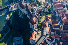 Aerial view of Castle of Sigmaringen between Danube and old town of Sigmaringen in the state Baden-Wurttemberg, Germany
