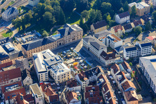 Leopoldplatz with market stalls in front of the State Archives of Baden-Württemberg, State Archives Sigmaringen in Sigmaringen in the state Baden-Wuerttemberg, Germany