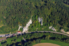Aerial view of Steep limestone cliffs in the Danube Valley in Inzigkofen in the state Baden-Wuerttemberg, Germany