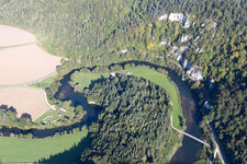 Curved loop of the riparian zones on the course of the river Danube in the district Gutenstein in Sigmaringen in the state Baden-Wurttemberg