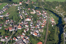 Aerial view of Village on the river bank areas of the river Danube in the district Gutenstein in Sigmaringen in the state Baden-Wurttemberg, Germany