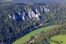 Steep limestone cliffs in the Danube Valley in the district Neidingen in Beuron in the state Baden-Wuerttemberg, Germany