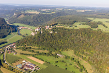 Ruins and vestiges of the former castle and fortress Ruine Schloss Hausen in Tal above the valley of the Danube in Beuron in the state Baden-Wurttemberg, Germany