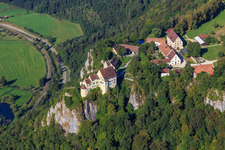 Aerial view of Werenwag Castle (Langenbrunn) at the Schreyfels climbing rock above the Danube in the district Hausen im Tal in Beuron in the state Baden-Wuerttemberg, Germany