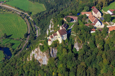 Aerial photograpy of Werenwag Castle (Langenbrunn) at the Schreyfels climbing rock above the Danube in the district Hausen im Tal in Beuron in the state Baden-Wuerttemberg, Germany