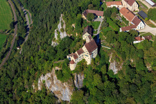 Werenwag Castle (Langenbrunn) at the Schreyfels climbing rock above the Danube in the district Hausen im Tal in Beuron in the state Baden-Wuerttemberg, Germany from above